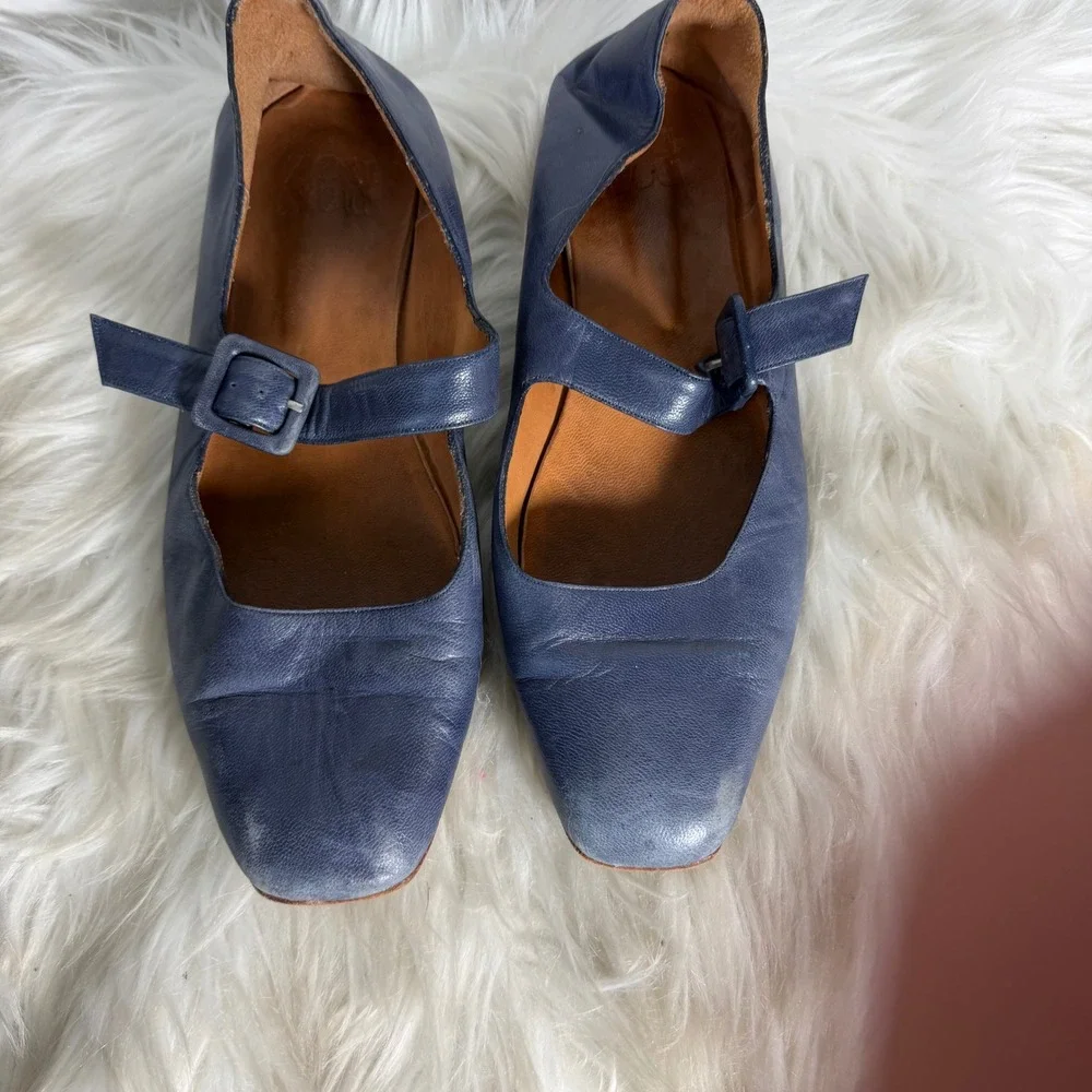 Zou Xou Eugenia Blue Leather Mary Jane Flats Square‎ Toe Buckle Strap 39